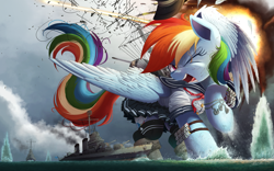Size: 3000x1868 | Tagged: safe, artist:ncmares, character:cloudchaser, character:flitter, character:rainbow dash, species:pegasus, species:pony, g4, boatpony, clothed ponies, clothing, cute, debris, destroyer, explosion, female, giant pony, hat, kantai collection, macro, mare, ocean, one eye closed, open mouth, pleated skirt, raised hoof, ship, skirt, socks, solo focus, thigh highs