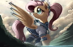 Size: 2500x1618 | Tagged: safe, artist:ncmares, character:fluttershy, species:pegasus, species:pony, g4, aircraft carrier, anime, azur lane, bandage, bandaid, boatpony, clothing, cloud, crossover, cute, female, flutterkaku, flutterprise, giant pony, giantess, kantai collection, lighthouse, macro, mare, plane, pleated skirt, ponytail, raised hoof, shipmare, shyabetes, signature, skirt, skirt lift, sky, socks, solo, spread wings, stockings, thigh highs, water, wings, zettai ryouiki