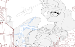 Size: 2500x1574 | Tagged: safe, artist:ncmares, character:princess luna, species:alicorn, species:pony, g4, cannon, clothing, female, hat, kantai collection, macro, mare, mega luna, side, socks, uniform, wharf, wip