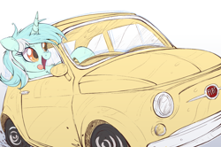 Size: 1000x665 | Tagged: safe, artist:ncmares, character:lyra heartstrings, species:pony, species:unicorn, g4, behaving like a dog, car, commission, driving, female, fiat, fiat 500, headlights, mare, open mouth, silly, silly pony, simple background, sketch, solo, tongue out, vehicle, wheel, white background