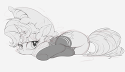 Size: 2000x1151 | Tagged: safe, artist:ncmares, character:sunset shimmer, species:pony, species:unicorn, g4, black and white, bunset shimmer, clothing, cute, female, grayscale, looking at you, lying down, mare, monochrome, pillow, plot, shimmerbetes, socks, sockset shimmer, solo