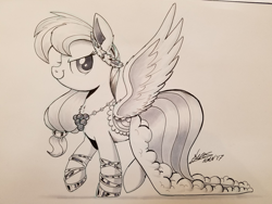 Size: 2048x1536 | Tagged: safe, artist:ncmares, character:rainbow dash, species:pegasus, species:pony, episode:the best night ever, g4, my little pony: friendship is magic, clothing, costume, dress, ear fluff, gala dress, grayscale, laurel wreath, monochrome, raised hoof, signature, sketch, solo, spread wings, traditional art, wings