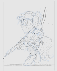 Size: 1500x1855 | Tagged: safe, artist:ncmares, species:pony, g4, bandana, belt, bipedal, boots, clothing, female, ghost recon wildlands, goggles, gun, hat, hoof hold, mare, monochrome, rifle, shoes, simple background, sketch, tom clancy's ghost recon wildlands, utility belt, weapon, wildlands