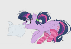 Size: 2048x1398 | Tagged: safe, artist:ncmares, character:twilight sparkle, character:twilight sparkle (alicorn), species:alicorn, species:pony, g4, alternate hairstyle, clothing, female, kneesocks, mare, mouth hold, pillow, ponytail, scrunchie, signature, simple background, socks, solo, striped socks