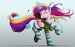 Size: 2000x1248 | Tagged: safe, artist:ncmares, character:princess cadance, species:alicorn, species:pony, g4, ask majesty incarnate, candy, clothing, cute, cutedance, dancing, earbuds, eyes closed, female, food, glowing horn, headphones, hoodie, ipod, jacket, levitation, listening, lollipop, magic, majestic as fuck, mare, mug, music, ncmares is trying to murder us, nose wrinkle, signature, simple background, socks, solo, striped socks, telekinesis, tongue out, white background