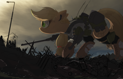 Size: 2000x1290 | Tagged: safe, artist:ncmares, character:applejack, species:pony, g4, boots, freckles, giant pony, gun, macro, shoes, weapon, wip