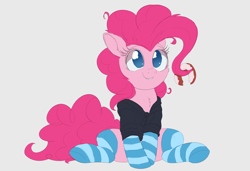 Size: 1500x1024 | Tagged: safe, artist:ncmares, character:pinkie pie, species:pony, g4, chest fluff, clothing, cute, diapinkes, donut, female, food, hoodie, mare, messy mane, no pupils, simple background, socks, striped socks, wip