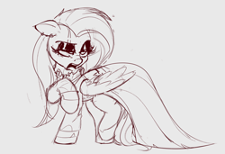 Size: 1200x819 | Tagged: safe, artist:ncmares, character:fluttershy, species:pegasus, species:pony, g4, clothing, female, fluttergoth, folded wings, gagging, head turn, lidded eyes, mare, monochrome, open mouth, raised hoof, sketch, solo