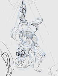 Size: 1572x2048 | Tagged: safe, artist:ncmares, character:sunset shimmer, species:pony, species:unicorn, g4, goggles, gun, hanging, hanging upside down, night vision goggles, rope, sketch, upside down, weapon