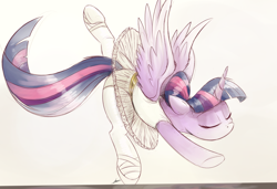 Size: 1500x1024 | Tagged: safe, artist:ncmares, character:twilight sparkle, character:twilight sparkle (alicorn), species:alicorn, species:pony, g4, alternate hairstyle, ballerina, ballet, clothing, cute, dancing, eyes closed, female, leotard, mare, pantyhose, solo, spread wings, tights, tutu, twiabetes, twilarina, wings