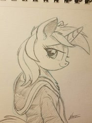 Size: 756x1008 | Tagged: safe, artist:ncmares, character:lyra heartstrings, species:pony, species:unicorn, fanfic:background pony, newbie artist training grounds, g4, atg 2018, bipedal, clothing, female, looking back, monochrome, semi-anthro, signature, sketch, smiling, solo, sweater, traditional art