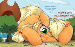 Size: 2500x1590 | Tagged: safe, artist:ncmares, character:applejack, character:rainbow dash, species:earth pony, species:pegasus, species:pony, newbie artist training grounds, g4, atg 2018, big-apple-pony, clothing, cowboy hat, dialogue, giant pony, hat, macro, mega applejack, one eye closed, size difference, stetson, tongue out, tree
