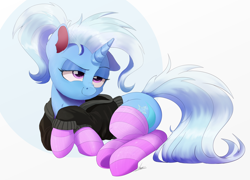 Size: 2000x1438 | Tagged: safe, artist:ncmares, character:trixie, species:pony, species:unicorn, g4, clothing, cute, female, hoodie, mare, nose wrinkle, simple background, smug, socks, solo, striped socks, thigh highs, white background