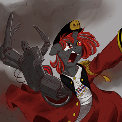 Size: 2048x2048 | Tagged: safe, artist:ncmares, oc, oc only, oc:crimson fist, species:pony, g4, broken horn, clothing, colored, commissar, commissar yarrick, commission, cosplay, costume, crossover, horn, open mouth, power klaw, prosthetics, purity seal, scar, solo, warhammer (game), warhammer 40k