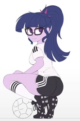 Size: 987x1500 | Tagged: safe, artist:ncmares, character:twilight sparkle, character:twilight sparkle (scitwi), species:eqg human, g4, my little pony:equestria girls, adorasexy, ass, ball, behind, butt, cleats, clothing, cute, eyelashes, female, football, germany, glasses, kneesocks, looking at you, no pupils, panty line, ponytail, pose, sexy, shirt, shoes, shorts, simple background, sketch, smiling, sneakers, socks, solo, sports, sports outfit, sports shorts, sporty style, squatting, stupid sexy sci-twi, sultry pose, t-shirt, thighs, tight clothing, tomboy, twiabetes, twibutt, white background
