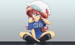 Size: 1920x1171 | Tagged: safe, artist:ncmares, edit, editor:rd42, character:sunset shimmer, g4, my little pony:equestria girls, bra strap, clothing, cute, female, panties, pillow, serious, serious face, shimmerbetes, shirt, sitting, socks, t-shirt, torn clothes, underwear, white underwear
