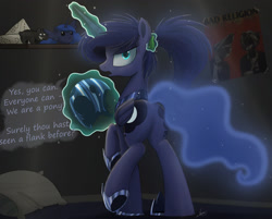 Size: 2000x1604 | Tagged: safe, alternate version, artist:ncmares, character:princess luna, species:alicorn, species:pony, g4, alternate hairstyle, armor, ask majesty incarnate, bad religion, blob ponies, cartographer's cap, clothing, cute, dialogue, female, hat, looking at you, looking back, looking back at you, magic, mare, moonbutt, ncmares is trying to murder us, nightmare moon armor, open mouth, pillow, plot, ponytail, skippy, skippy the moonrock, solo, too many ponies