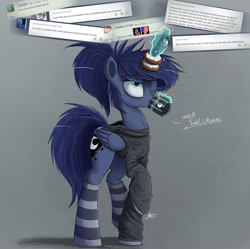 Size: 1500x1491 | Tagged: safe, alternate version, artist:ncmares, character:princess luna, species:alicorn, species:pony, g4, ask, ask majesty incarnate, chest fluff, clothing, coffee, dialogue, donut, drinking, ear fluff, female, food, magic, mare, one eye closed, socks, solo, striped socks, telekinesis, text, tumblr
