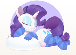Size: 2000x1438 | Tagged: safe, artist:ncmares, character:rarity, species:pony, species:unicorn, g4, abstract background, adorasexy, beautiful, beautisexy, cheek fluff, child bearing hips, clothing, curvy, cute, ear fluff, eyes closed, eyeshadow, female, lying down, makeup, mare, raribetes, sexy, smiling, socks, solo, striped socks, sweet dreams fuel, wide hips