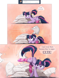 Size: 2000x2611 | Tagged: dead source, safe, artist:ncmares, edit, character:twilight sparkle, character:twilight sparkle (alicorn), species:alicorn, species:pony, g4, alternate hairstyle, ask, ask majesty incarnate, badass, badass adorable, bucking, clothing, comic, cute, female, floppy ears, frown, glare, gritted teeth, kicking, mare, ncmares is trying to murder us, pillow, pillow fight, ponytail, prone, smiling, smirk, socks, striped socks, truth, tumblr, twiabetes, wide eyes