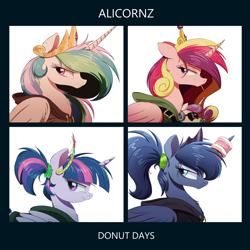 Size: 1500x1500 | Tagged: safe, artist:ncmares, character:princess cadance, character:princess celestia, character:princess flurry heart, character:princess luna, character:twilight sparkle, character:twilight sparkle (alicorn), species:alicorn, species:pony, g4, album cover, alicorn pentarchy, big crown thingy, candy, clothing, crown, demon days, diadem, donut, element of magic, female, floppy ears, food, gorillaz, grumpy, head wrap, horn, horn impalement, jewelry, lollipop, looking back, mare, parody, ponytail, regalia, scrunchie, shirt, sunglasses, the uses of unicorn horns, unamused