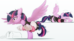 Size: 1500x838 | Tagged: safe, artist:ncmares, character:twilight sparkle, character:twilight sparkle (alicorn), species:alicorn, species:pony, g4, balancing, ballet slippers, bandaid, blood, clothing, dancing, earbuds, exercise, female, mare, nosebleed, phone, shorts, socks, solo, sports shorts, stockings, stretching, thigh highs