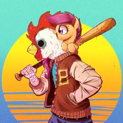 Size: 1200x1202 | Tagged: safe, artist:ncmares, character:scootaloo, species:bird, species:chicken, species:human, species:pegasus, species:pony, g4, abstract background, baseball bat, blood, chest fluff, chicken mask, clothing, crossover, duo, ear fluff, female, filly, fluffy, hotline miami, jacket, leg fluff, mask, neck fluff, open mouth, scootachicken, smiling, wat