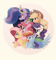 Size: 1200x1281 | Tagged: safe, artist:ncmares, character:applejack, character:fluttershy, character:pinkie pie, character:rainbow dash, character:rarity, character:spike, character:twilight sparkle, character:twilight sparkle (alicorn), species:alicorn, species:dragon, species:earth pony, species:pegasus, species:pony, species:unicorn, episode:the last problem, g4, my little pony: friendship is magic, abstract background, end of ponies, mane seven, mane six, princess twilight 2.0