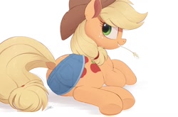 Size: 1500x992 | Tagged: safe, alternate version, artist:ncmares, artist:raps, character:applejack, species:earth pony, species:pony, g4, butt, clothing, cowboy hat, cute, daisy dukes, dock, female, freckles, hat, haystick, jackabetes, mare, shorts, simple background, smiling, solo, underhoof, white background