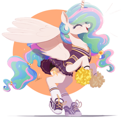 Size: 1500x1430 | Tagged: safe, artist:ncmares, character:princess celestia, species:alicorn, species:pony, g4, abstract background, alternate hairstyle, cheerleader, cheerleader outfit, chest fluff, clothing, cute, cutelestia, diabetes, eyes closed, female, mare, open mouth, pom pom, pom poms, shoes, socks, solo