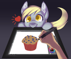 Size: 1920x1598 | Tagged: safe, artist:taytinabelle, character:derpy hooves, species:human, species:pegasus, species:pony, g4, colored pupils, derpabetes, drawing tablet, ear fluff, female, food, hand, human and pony, looking at you, mare, muffin, offscreen character, pov, simple background, smiling, solo, stylus, tablet, unshorn fetlocks