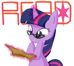 Size: 1000x900 | Tagged: safe, artist:maren, character:twilight sparkle, character:twilight sparkle (unicorn), species:pony, species:unicorn, g4, book, female, glasses, glowing horn, horn, magic, mare, pixiv, reading, smiling, solo, telekinesis