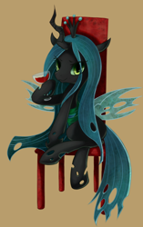 Size: 840x1340 | Tagged: safe, artist:maren, character:queen chrysalis, species:changeling, g4, chair, cute, cutealis, hoof hold, looking at you, sitting, smiling, solo, wine, wine glass