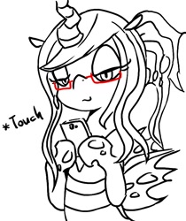 Size: 672x800 | Tagged: safe, artist:maren, character:queen chrysalis, species:anthro, species:changeling, g4, changeling queen, female, glasses, monochrome, phone, pixiv, solo