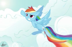 Size: 1539x1024 | Tagged: safe, artist:maren, character:rainbow dash, species:pegasus, species:pony, g4, cloud, cloudy, flying, pixiv, sky, solo, spread wings, wings