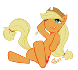 Size: 611x548 | Tagged: safe, artist:maren, character:applejack, species:earth pony, species:pony, g4, on back, one eye closed, pixiv, simple background, solo