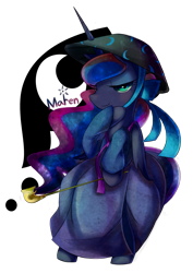 Size: 1221x1725 | Tagged: safe, artist:maren, character:princess luna, species:alicorn, species:pony, g4, clothing, dress, pipe, pixiv, solo
