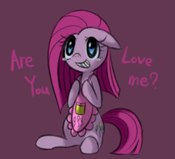 Size: 1321x1201 | Tagged: safe, artist:maren, character:pinkamena diane pie, character:pinkie pie, species:earth pony, species:pony, g4, apron, clothing, crying, cute, cuteamena, dialogue, engrish, grammar error, pixiv, simple background, solo