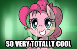 Size: 534x342 | Tagged: safe, artist:maren, character:pinkie pie, species:earth pony, species:pony, g4, das beer boot, glass, impact font, reaction image, smiling, solo, text