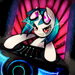 Size: 1500x1500 | Tagged: safe, artist:maren, character:dj pon-3, character:vinyl scratch, species:pony, species:unicorn, g4, glow, glowing eyes, pixiv, solo, turntable