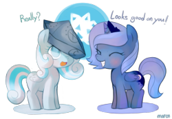 Size: 1445x1001 | Tagged: safe, artist:maren, character:princess luna, oc, oc:snowdrop, species:pony, g4, cartographer's cap, chibi, clothing, cute, filly, hat, hnnng, snowbetes, woona