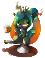 Size: 1145x1489 | Tagged: safe, artist:maren, character:queen chrysalis, species:changeling, g4, glasses, solo