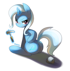 Size: 1438x1468 | Tagged: safe, artist:maren, character:trixie, species:pony, species:unicorn, g4, blushing, female, hammer, mare, plot, rock, solo