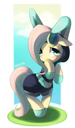 Size: 1231x2088 | Tagged: safe, artist:maren, character:fluttershy, species:pegasus, species:pony, g4, bipedal, bunny ears, clothing, cute, dangerous mission outfit, female, goggles, hoodie, looking at you, mare, shyabetes, solo