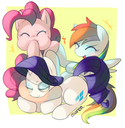 Size: 1728x1763 | Tagged: safe, artist:maren, character:pinkie pie, character:rainbow dash, character:rarity, g4, eyepatch, face doodle, hoofbump, laughing, prank, sleeping