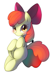 Size: 1213x1735 | Tagged: safe, artist:maren, character:apple bloom, species:earth pony, species:pony, g4, adorabloom, apple, bipedal, bipedal leaning, blushing, cute, female, filly, food, leaning, simple background, solo, white background