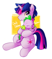 Size: 1306x1495 | Tagged: safe, artist:maren, character:barb, character:spike, character:twilight sparkle, character:twilight sparkle (unicorn), oc:dusk shine, species:pony, species:unicorn, g4, barbabetes, cute, duskabetes, female, hug, looking at you, male, mama twilight, papa dusk, rule 63, rule63betes, spikelove