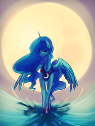 Size: 900x1200 | Tagged: safe, artist:maren, character:princess luna, species:alicorn, species:pony, g4, backlighting, female, mare, moon, smiling, solo, walking