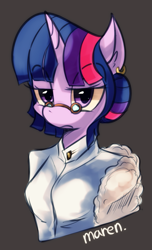 Size: 533x878 | Tagged: safe, artist:maren, character:twilight sparkle, species:anthro, g4, alternate hairstyle, bust, female, glasses, portrait, solo