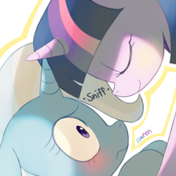 Size: 1500x1500 | Tagged: safe, artist:maren, character:trixie, character:twilight sparkle, ship:twixie, g4, blushing, female, lesbian, shipping, smiling, sniffing
